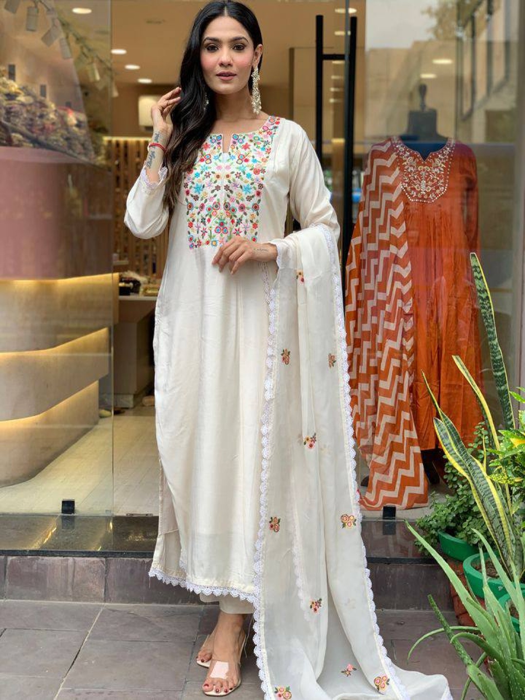 

KALINI Floral Embroidered Notch Neck Straight Kurta With Trouser And Dupatta, White
