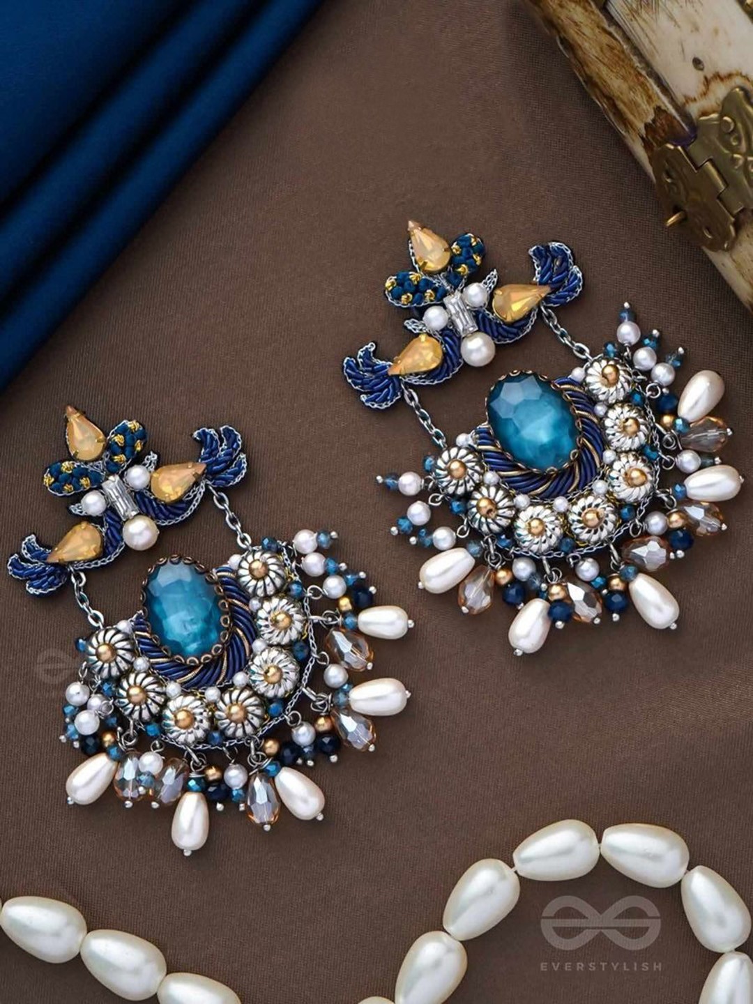

EVERSTYLISH Sanjoya Stone, Pearl Drops & Beads Embroidered Earrings, Multi