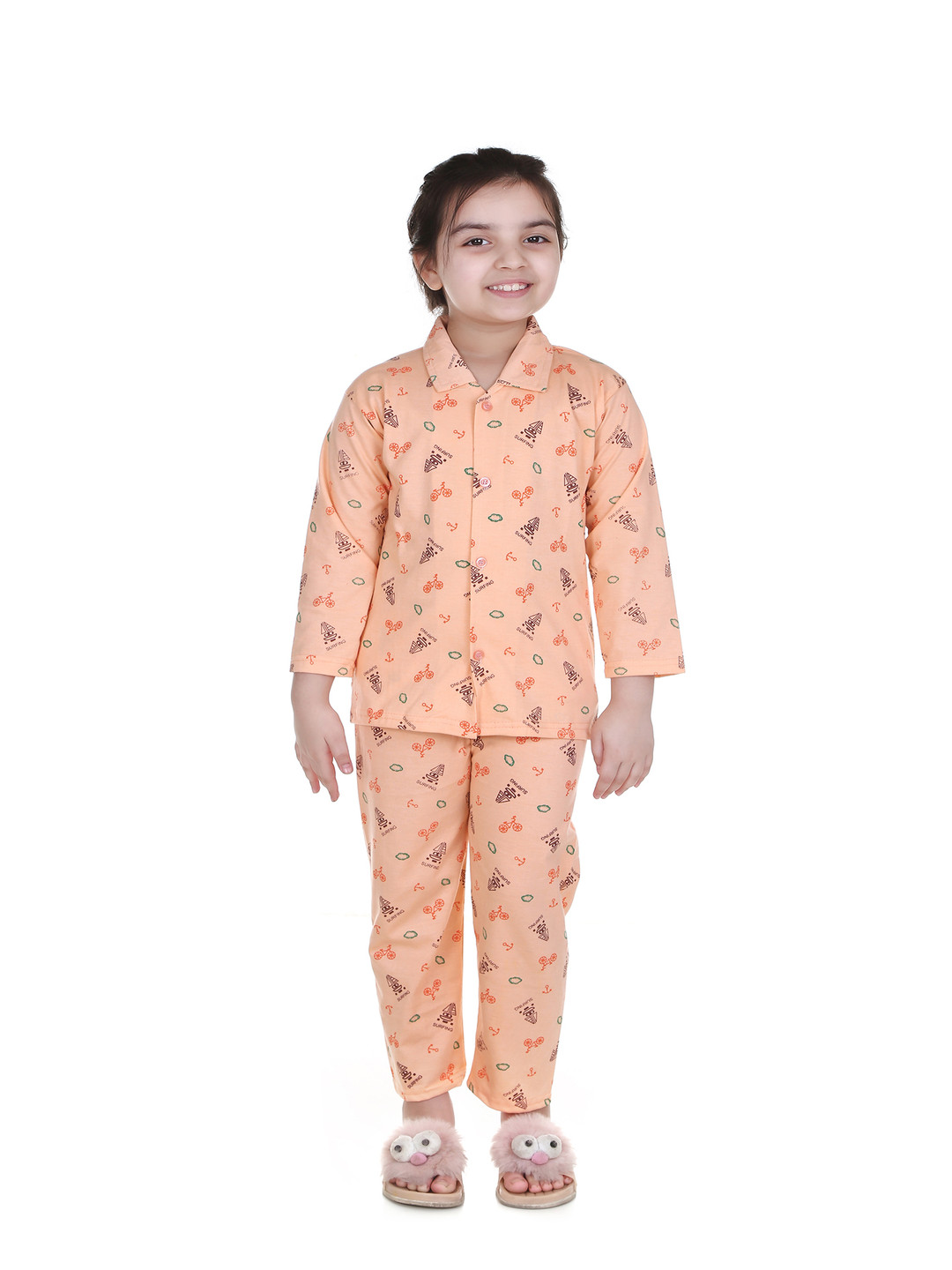 

MMShopy Kids Printed Shirt Collar Night Suit, Orange