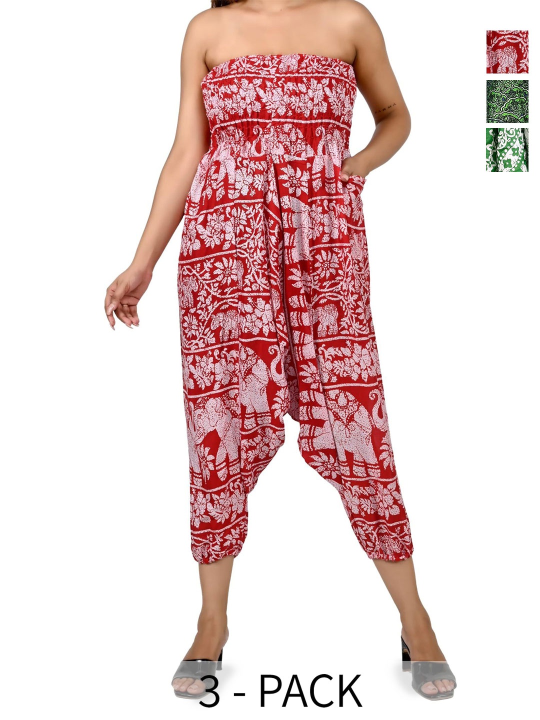 

NarNari Women Pack Of 3 Printed Harem Pants, Green