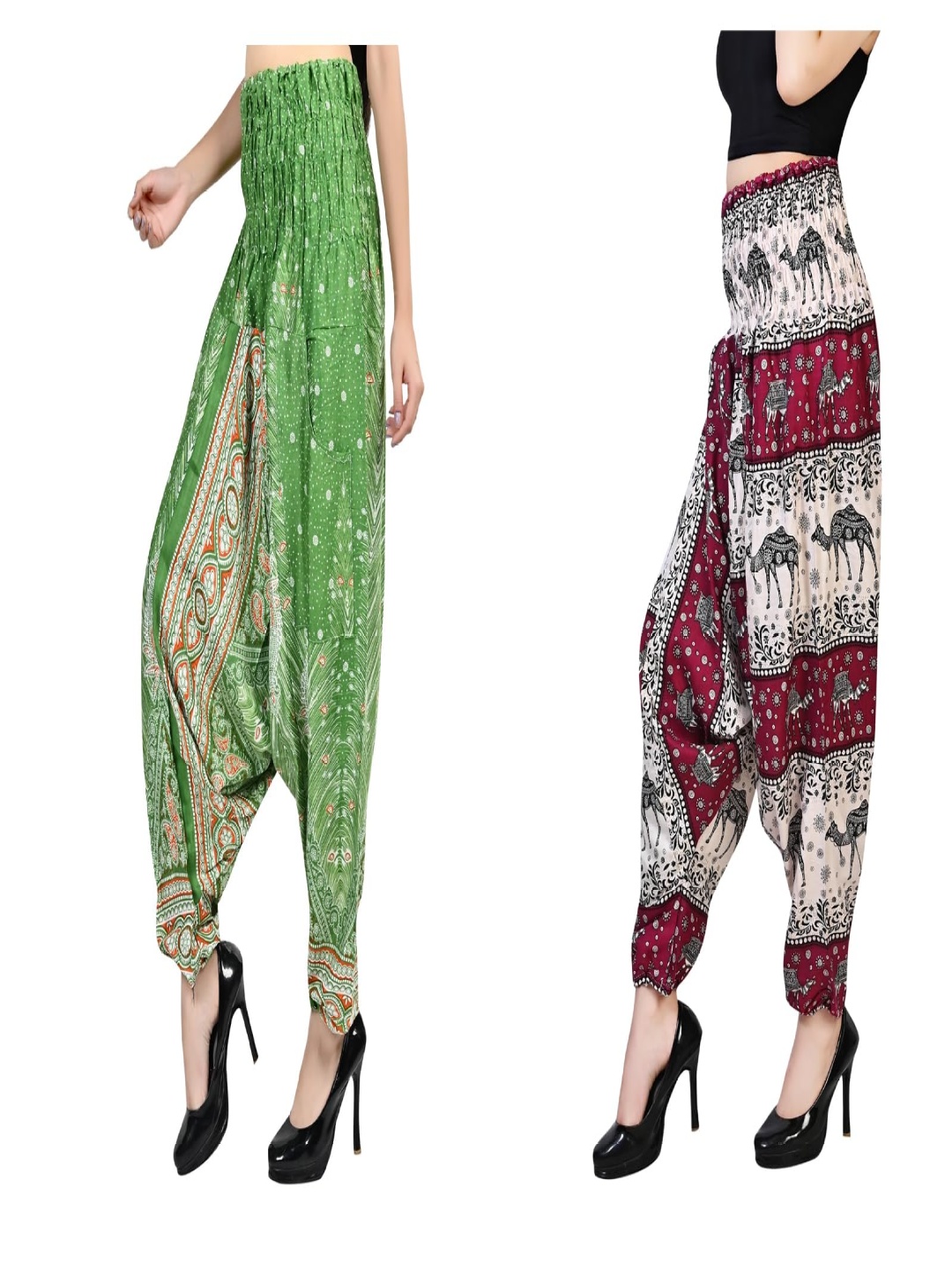 

NarNari Women Pack Of 2 Printed Mid-Rise Harem Pants, Green