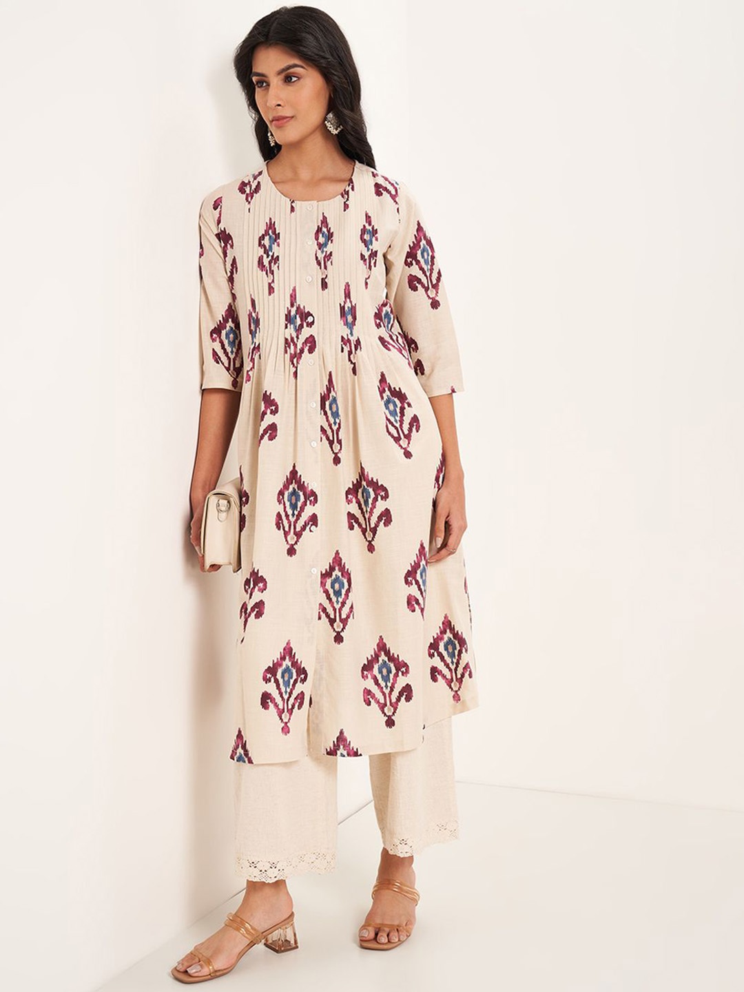 

RANGMANCH BY PANTALOONS Ethnic Motifs Printed Round Neck Pure Cotton Kurta, Cream