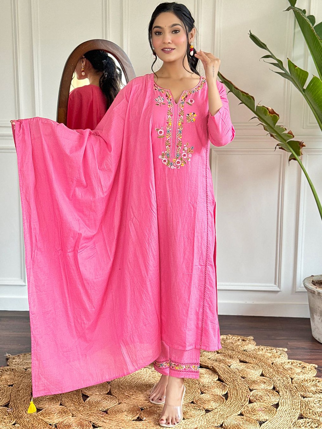 

KALINI Floral Embroidered Notch Neck Straight Kurta With Trousers And Dupatta, Pink
