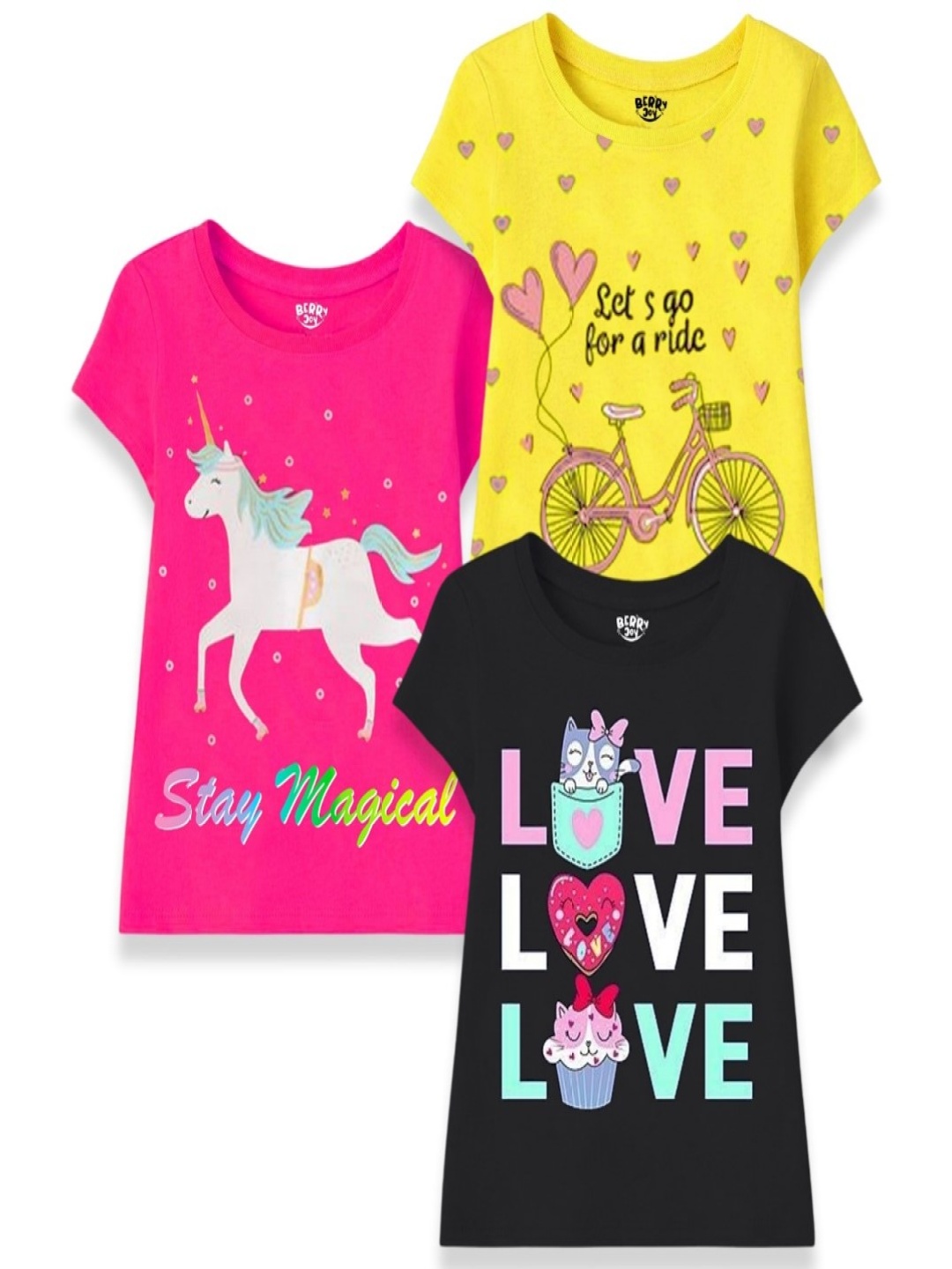 

BERRYJOY Girls Pack Of 3 Graphic Printed Round Neck Cotton T-shirts, Yellow