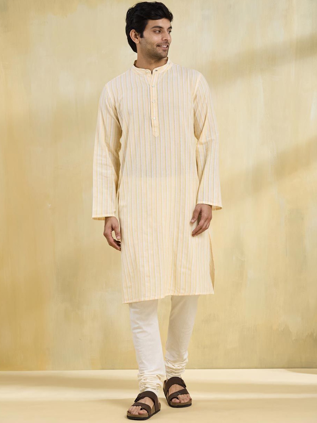 

Fabindia Men Striped Band Collar Cotton Straight Kurta, Yellow