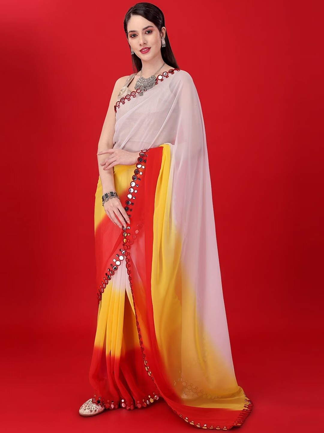 

Moda Rapido Dabu Mirror Work Pure Georgette Leheriya Saree, Red
