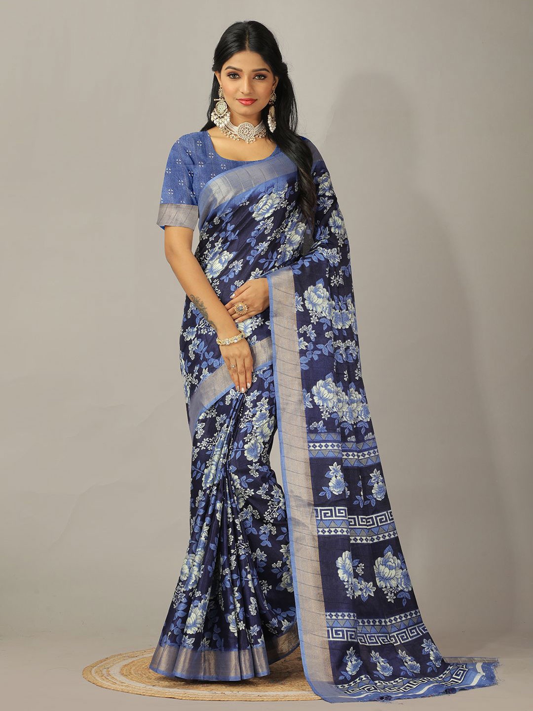 

NIRMAL CREATION Printed Pure Crepe Saree, Navy blue