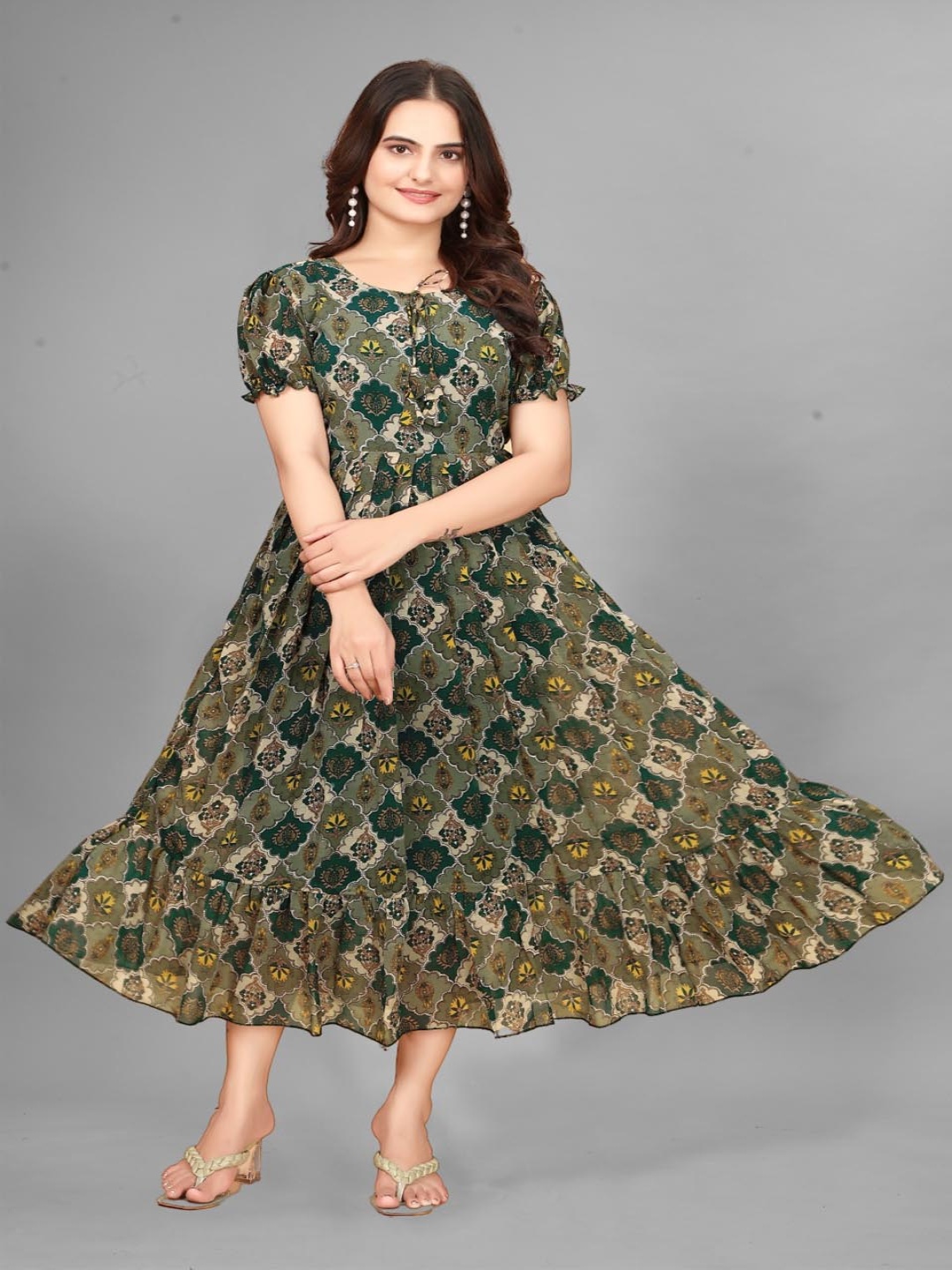 

BAESD Floral Print Keyhole Neck Puff Sleeve Ruffled Georgette Fit & Flare Maxi Dress, Green