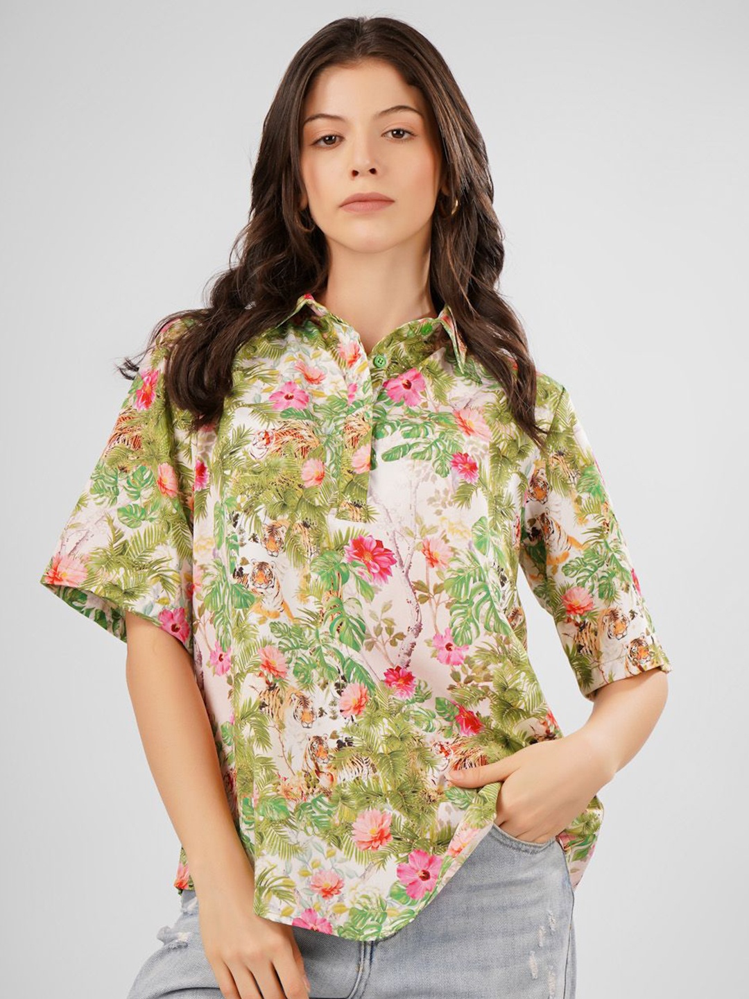 

Sukshat Floral Print Crepe Shirt Style Top, Off white