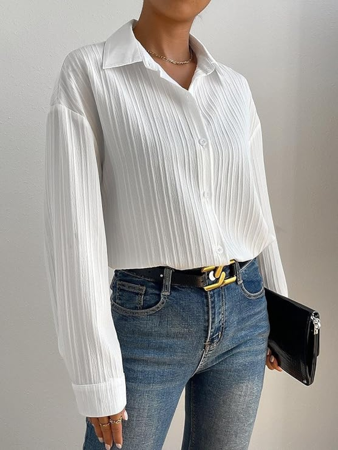 

KASHIAN Women Standard Fit Spread Collar Textured Casual Shirt, White