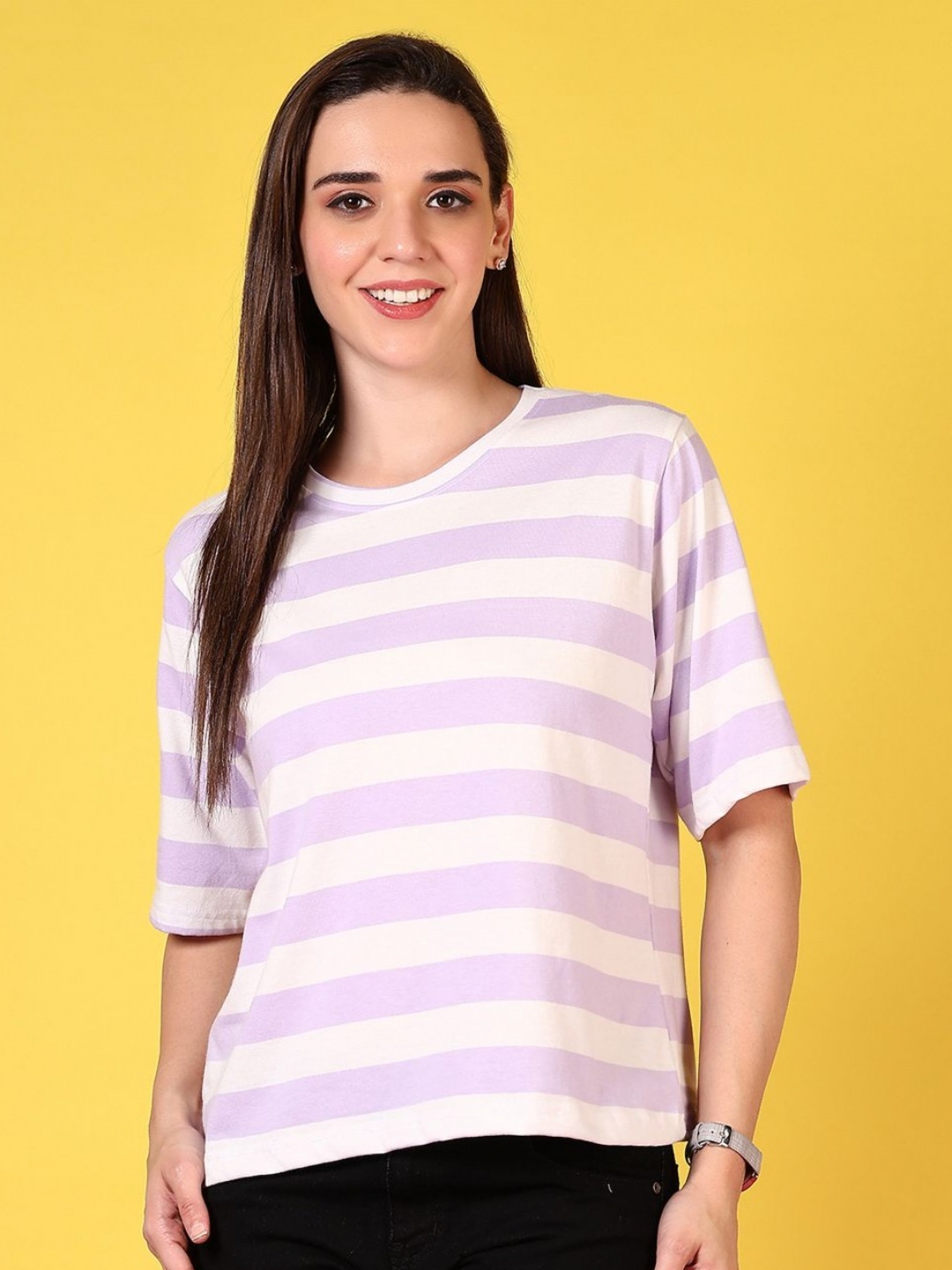 

V-Mart Women Striped Round Neck Cotton Relaxed Fit T-shirt, Lavender