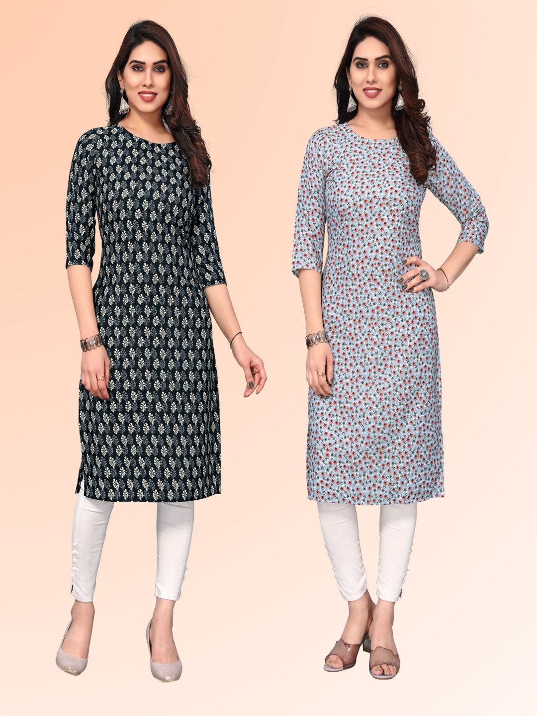 

KETAKI FASHION Selection of 2 Floral Printed Round Neck Straight Kurtas, Black