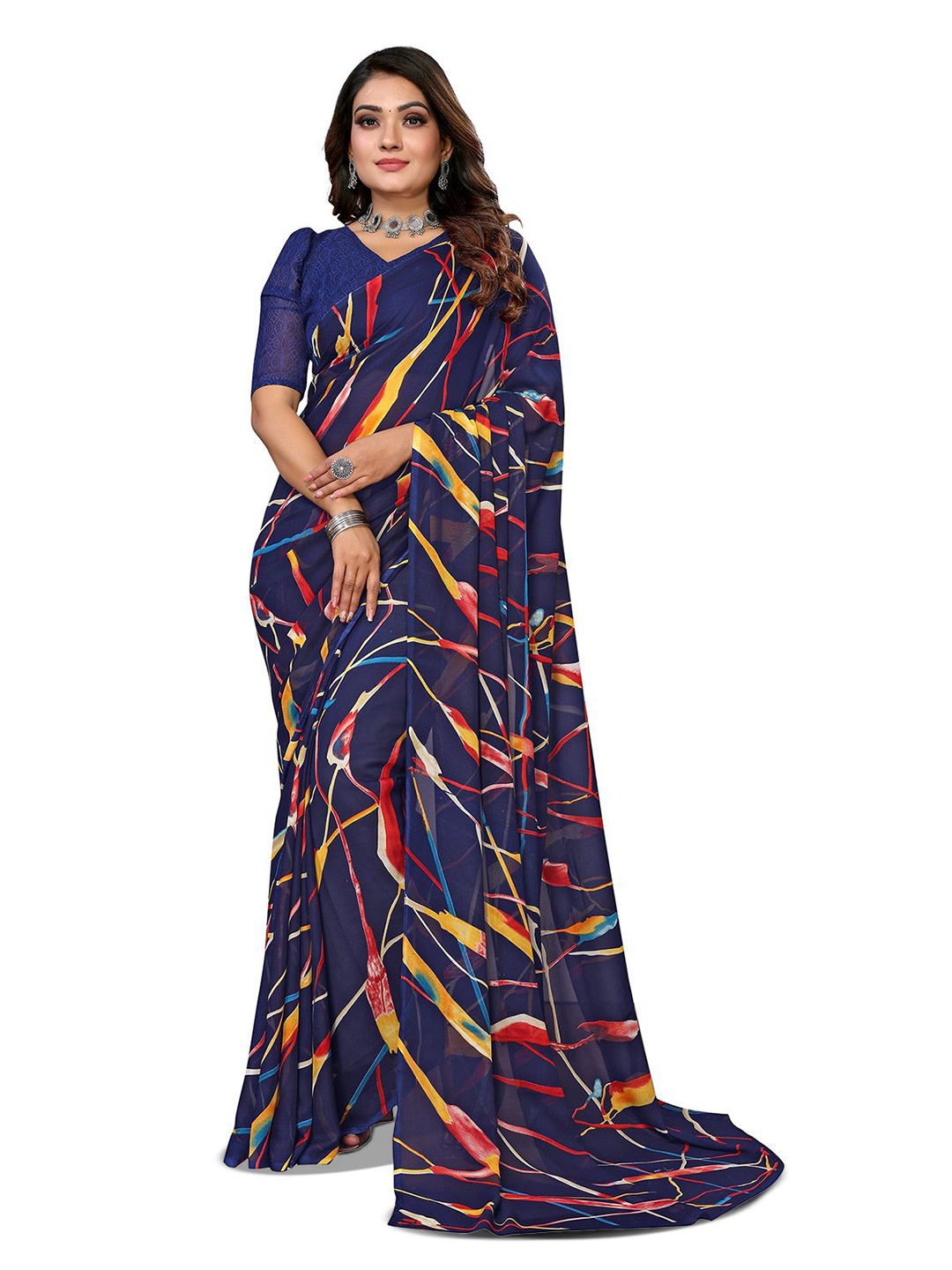 

Moda Rapido Ethnic Motifs Poly Georgette Saree, Blue