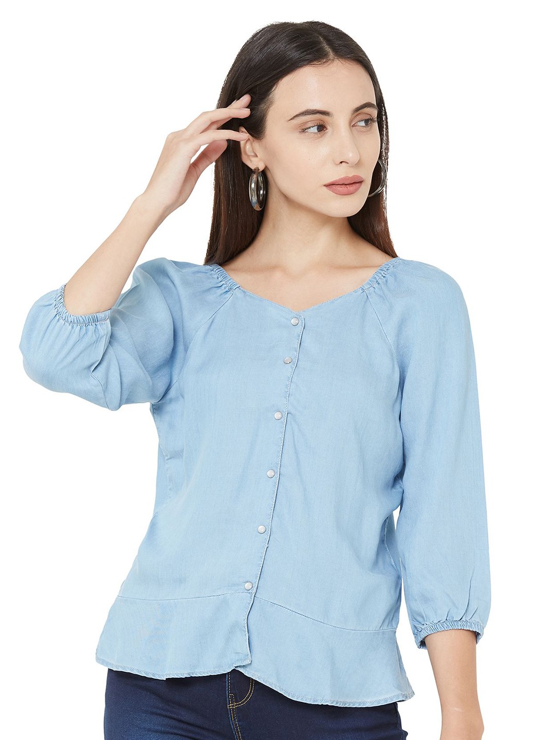 

Kraus Jeans Women Cuffed Sleeves Top, Blue
