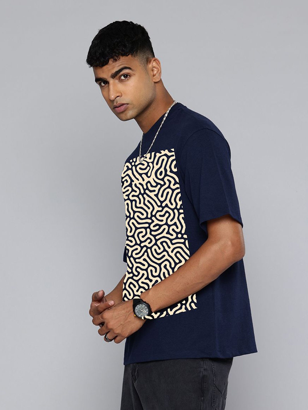 

Moda Rapido Men Abstract Printed Round Neck Cotton Relaxed Fit T-shirt, Navy blue