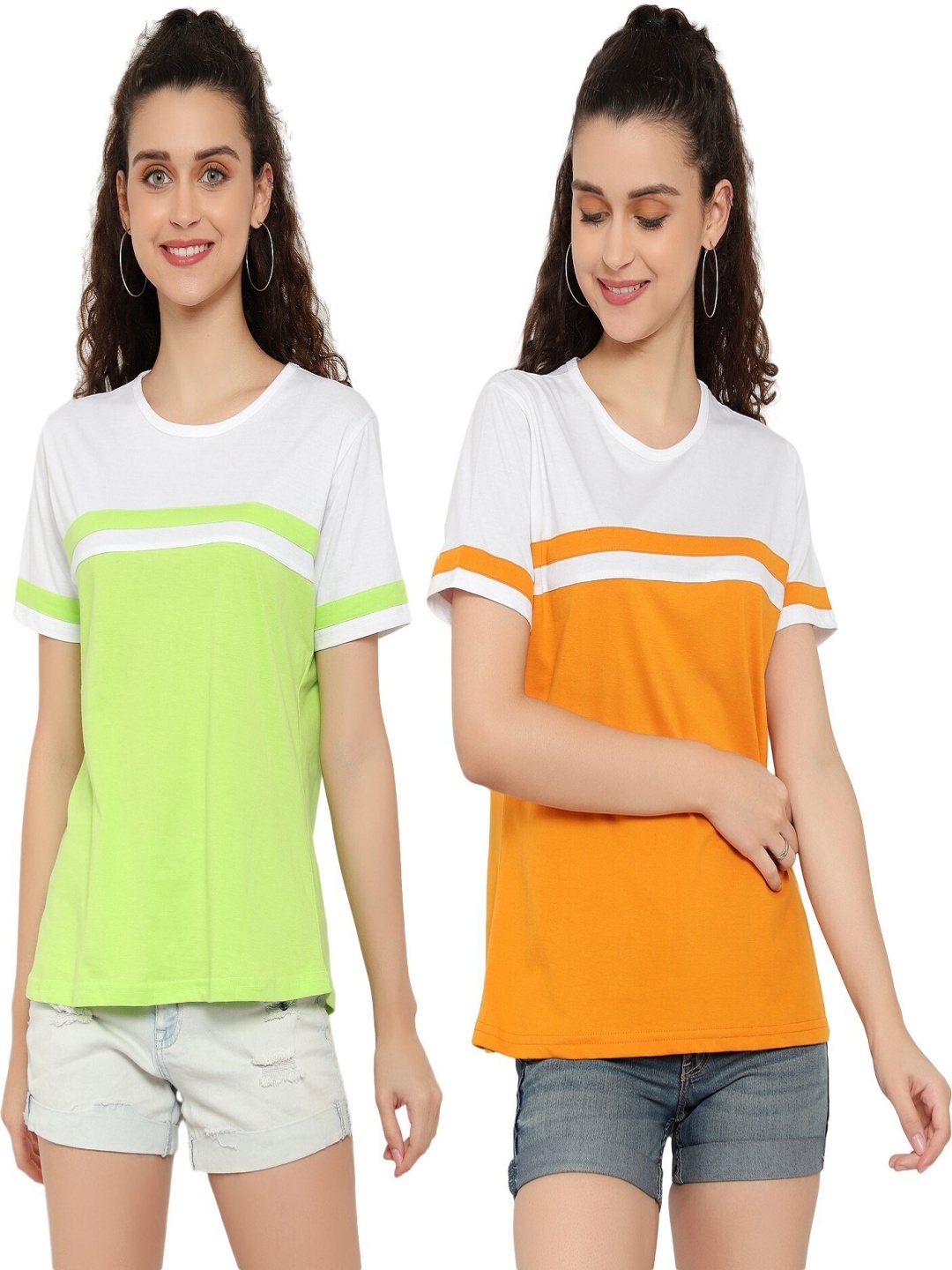 

DEEPMAYRA COLLECTION Women Pack Of 2 Colourblocked Round Neck Cotton T-shirts, Multi