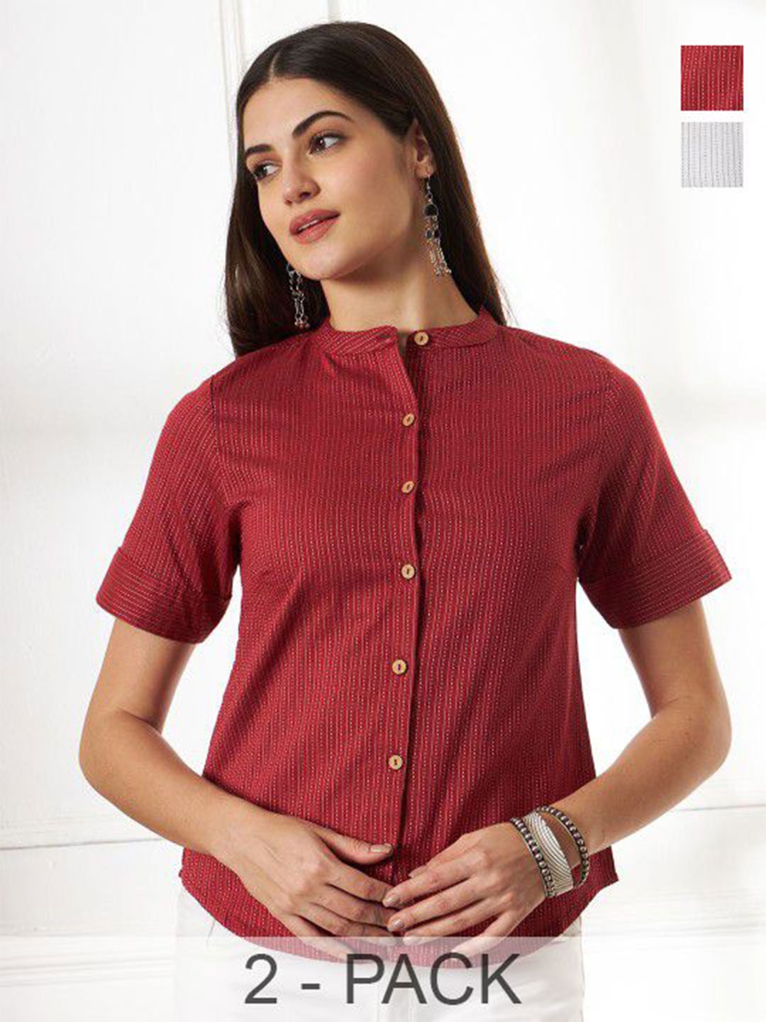 

Anouk Rustic Pack Of 2 Striped Cotton Casual Shirt, Maroon