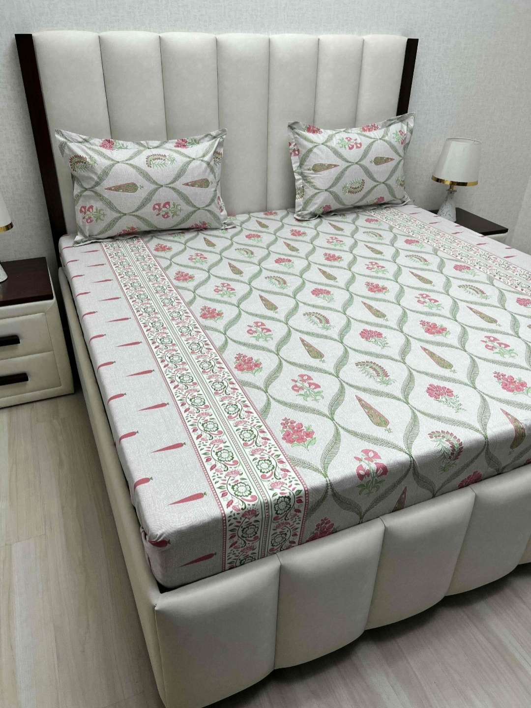 

Pure Decor Grey & Pink Floral Queen Bedsheet with 2 Pillow Covers