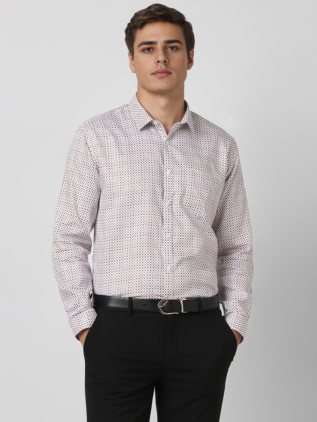 

V Dot Men Slim Fit Spread Collar Polka Dots Printed Cotton Formal Shirt, White