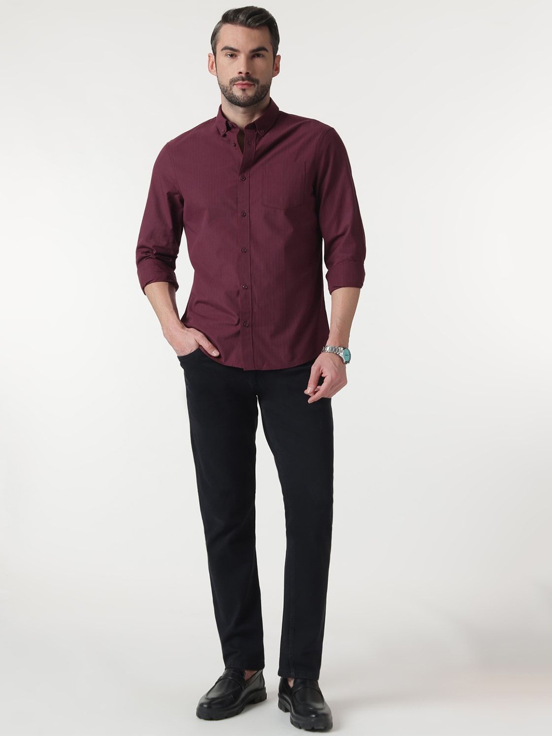 

Marks & Spencer Men Button-Down Collar Vertical Striped Cotton Casual Shirt, Maroon