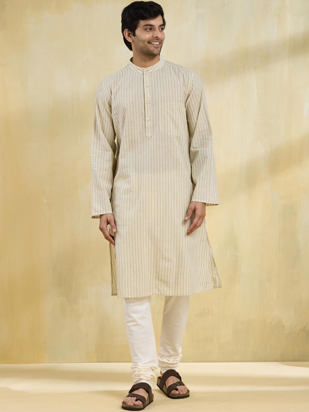 

Fabindia Men Striped Band Collar Cotton Straight Kurta, Green