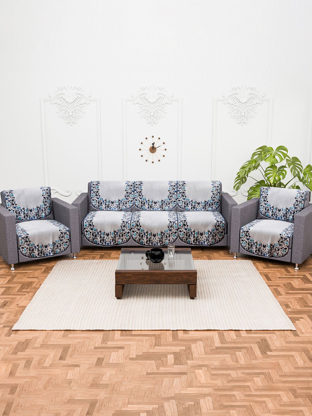 

Kuber Industries Blue & Grey 10 Pieces Self Design Velvet 5 Seater Sofa Covers