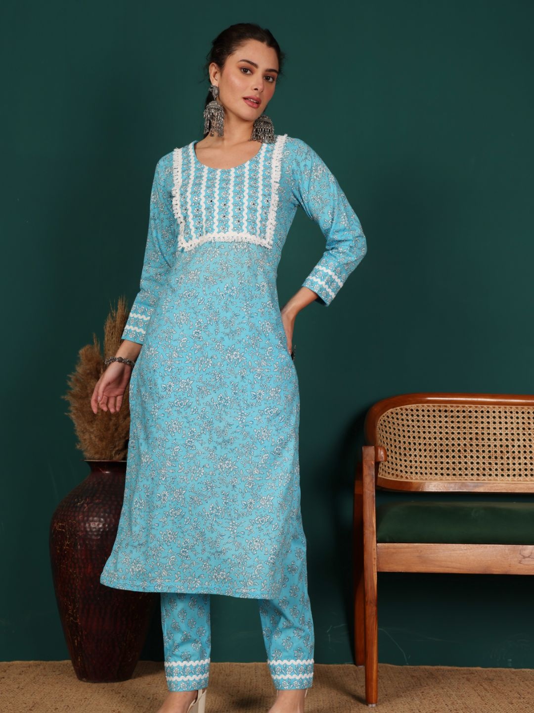 

Lative Colours of Fashion Printed Mirror Work Pure Cotton Kurta with Trouser & Dupatta, Turquoise blue