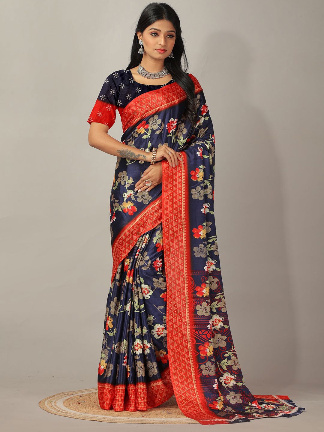 

NIRMAL CREATION Floral Pure Crepe Saree, Navy blue