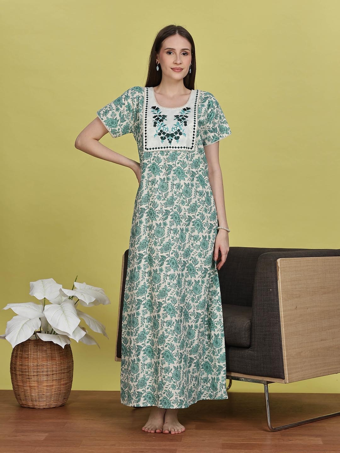

9shines Label Women Embroidered Pure Cotton Maxi Nightdress, Green