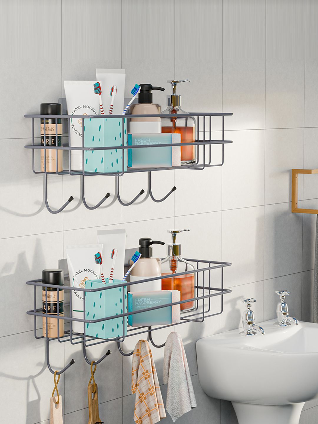 

Kuber Industries Grey 2 Pieces Metal Self Adhesive Bathroom Organisers