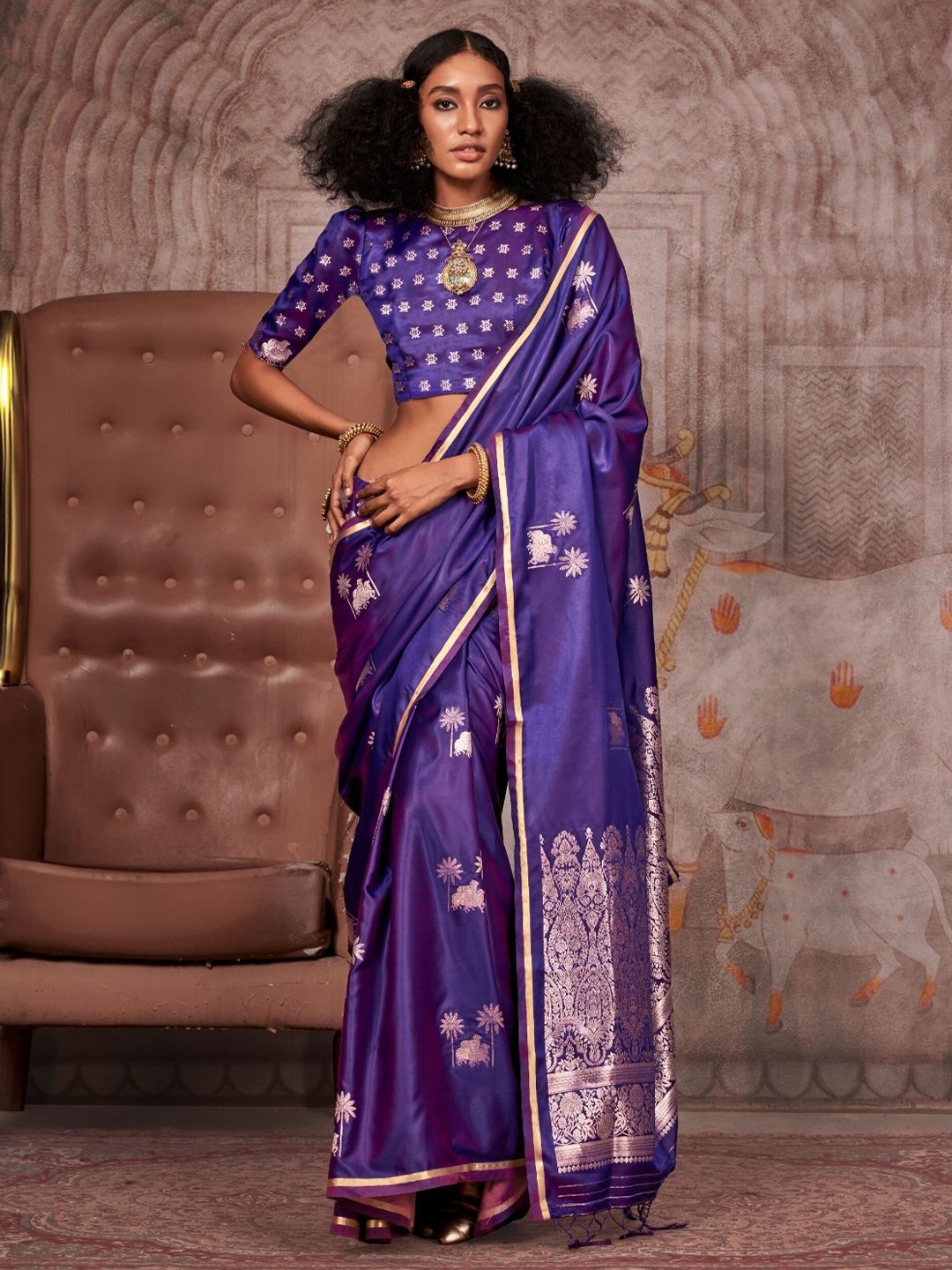 

BLENDIFY Ethnic Motifs Woven Design Banarasi Saree, Purple