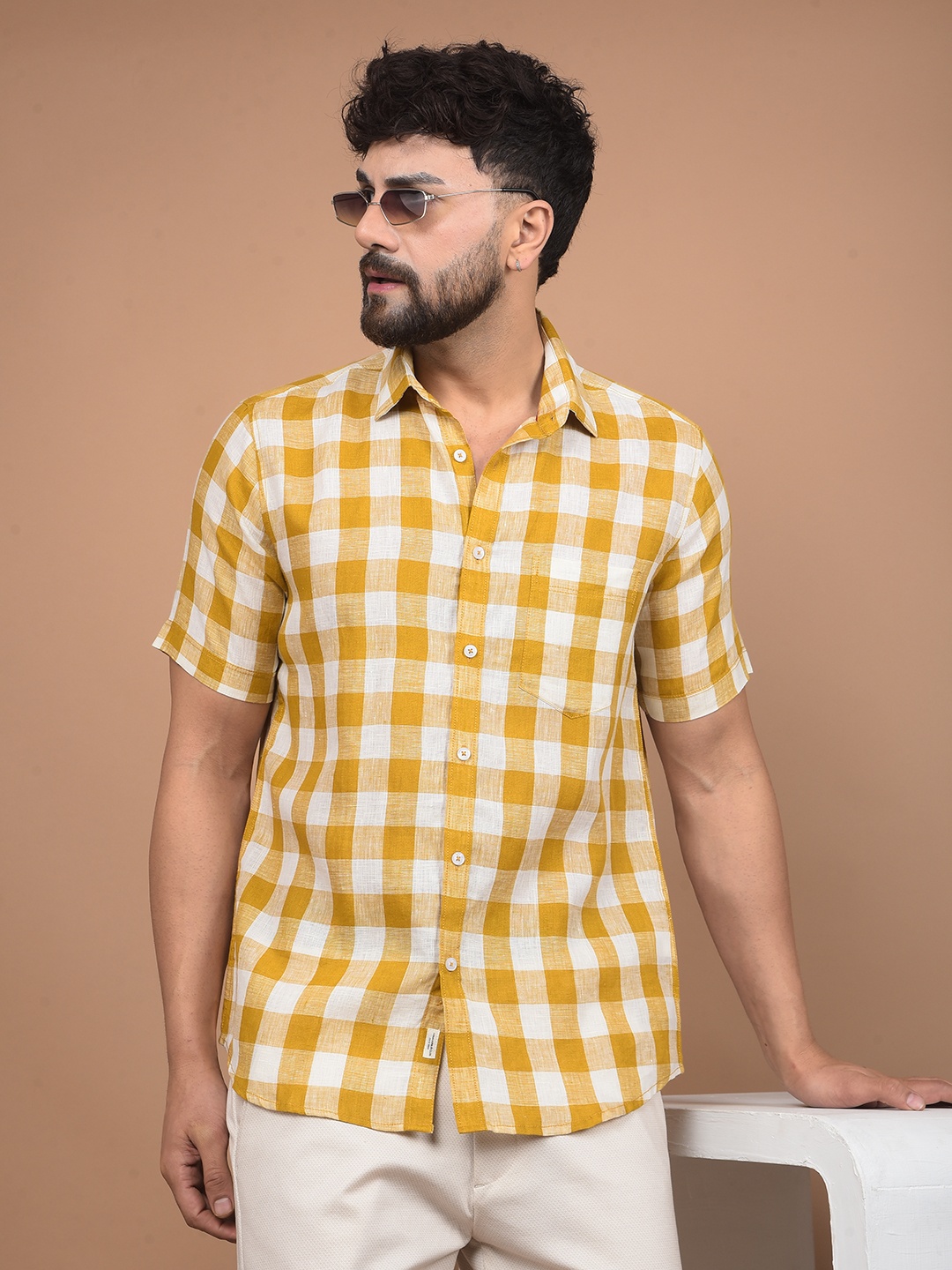 

Crimsoune Club Men Premium Fit Spread Collar Gingham Checked Cotton Casual Shirt, Mustard