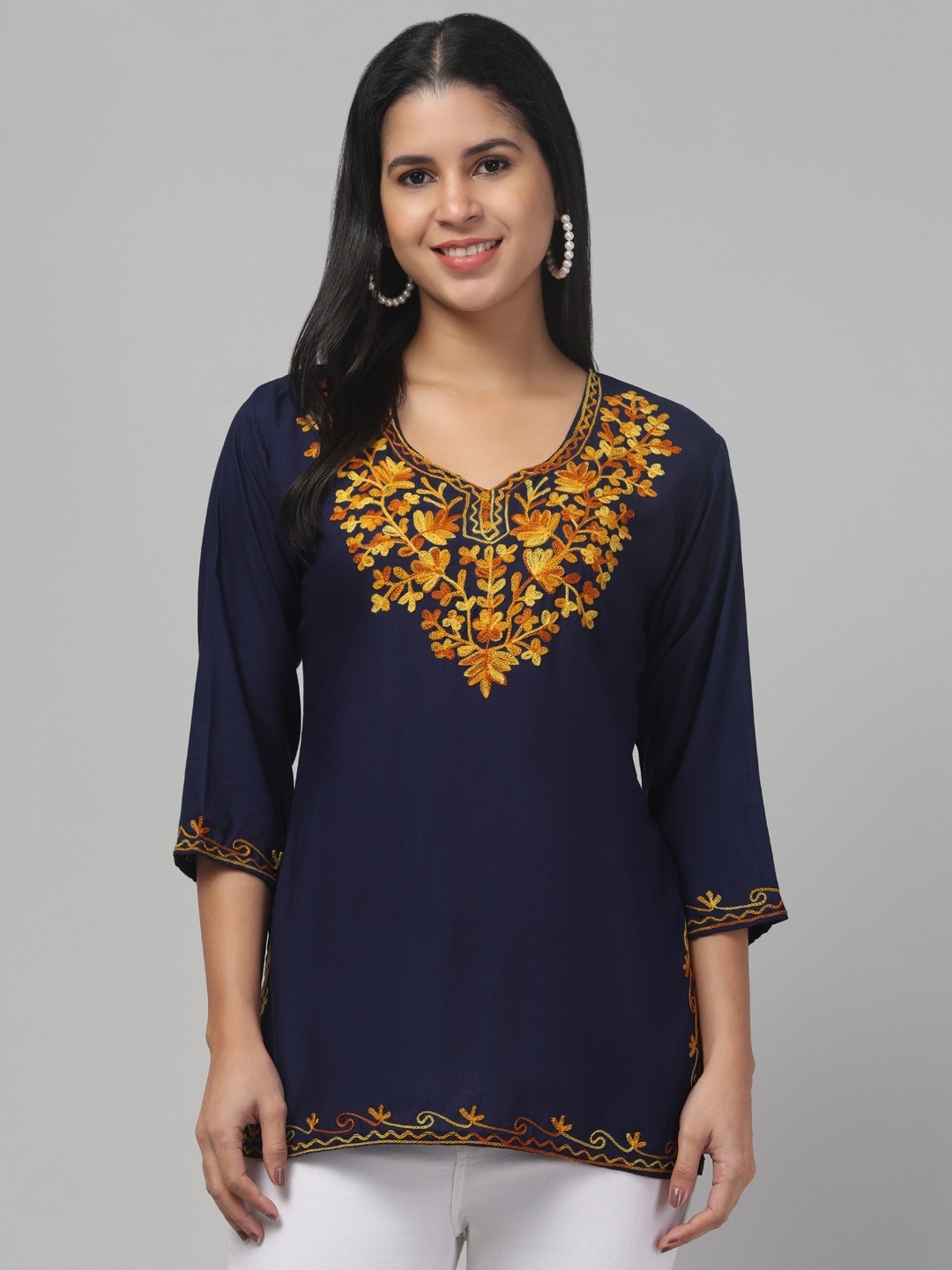 

Trend Level Floral Embroidered Kurti, Navy blue