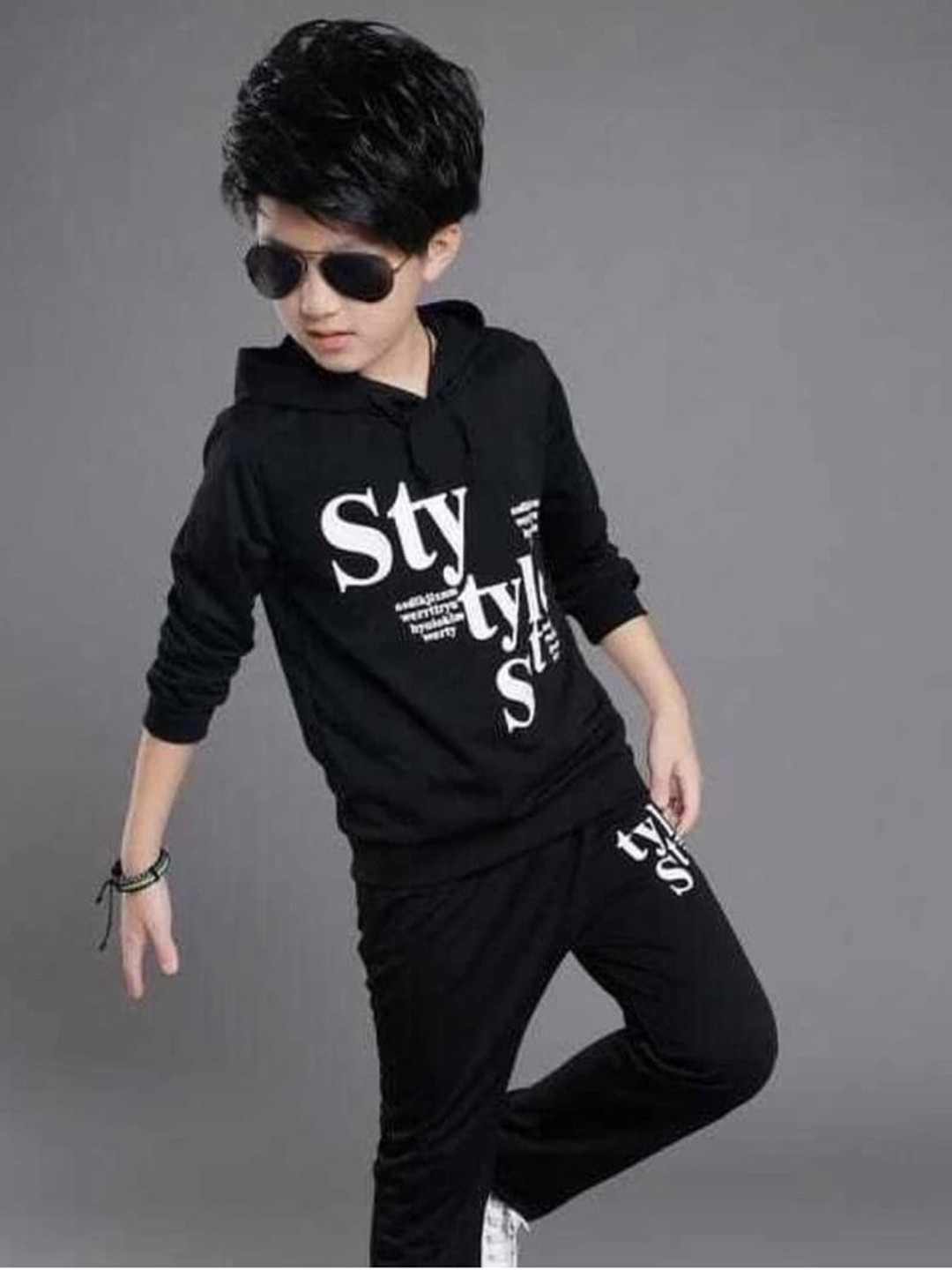 

Rotaqo Boys Printed Hooded Monochrome Applique T-shirt, Black