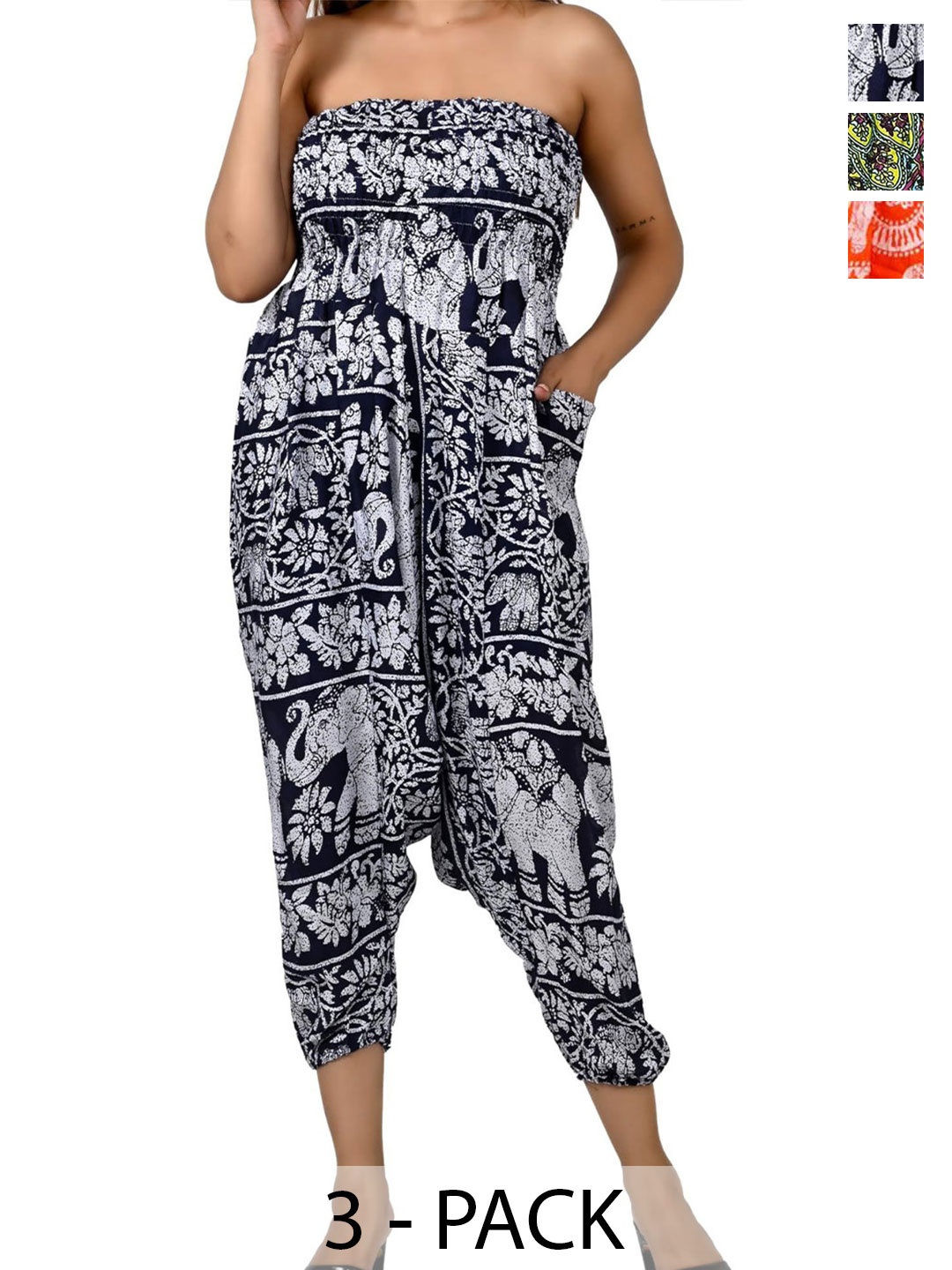 

NarNari Women Pack Of 3 Printed Harem Pants, Black