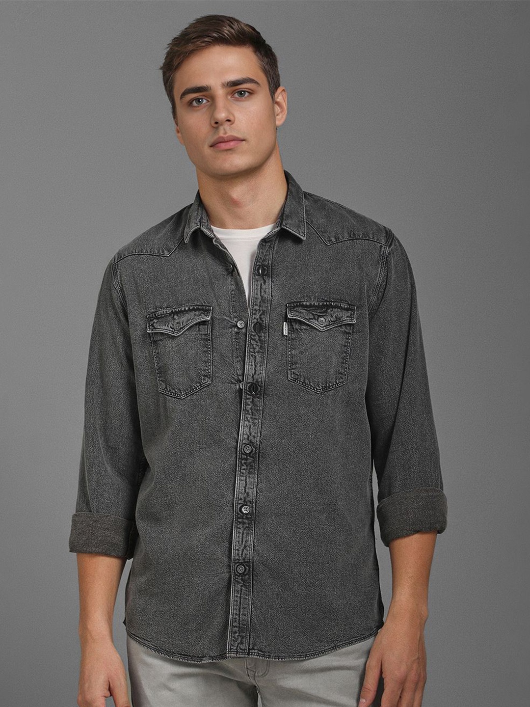 

Louis Philippe Jeans Men Spread Collar Faded Cotton Casual Shirt, Charcoal