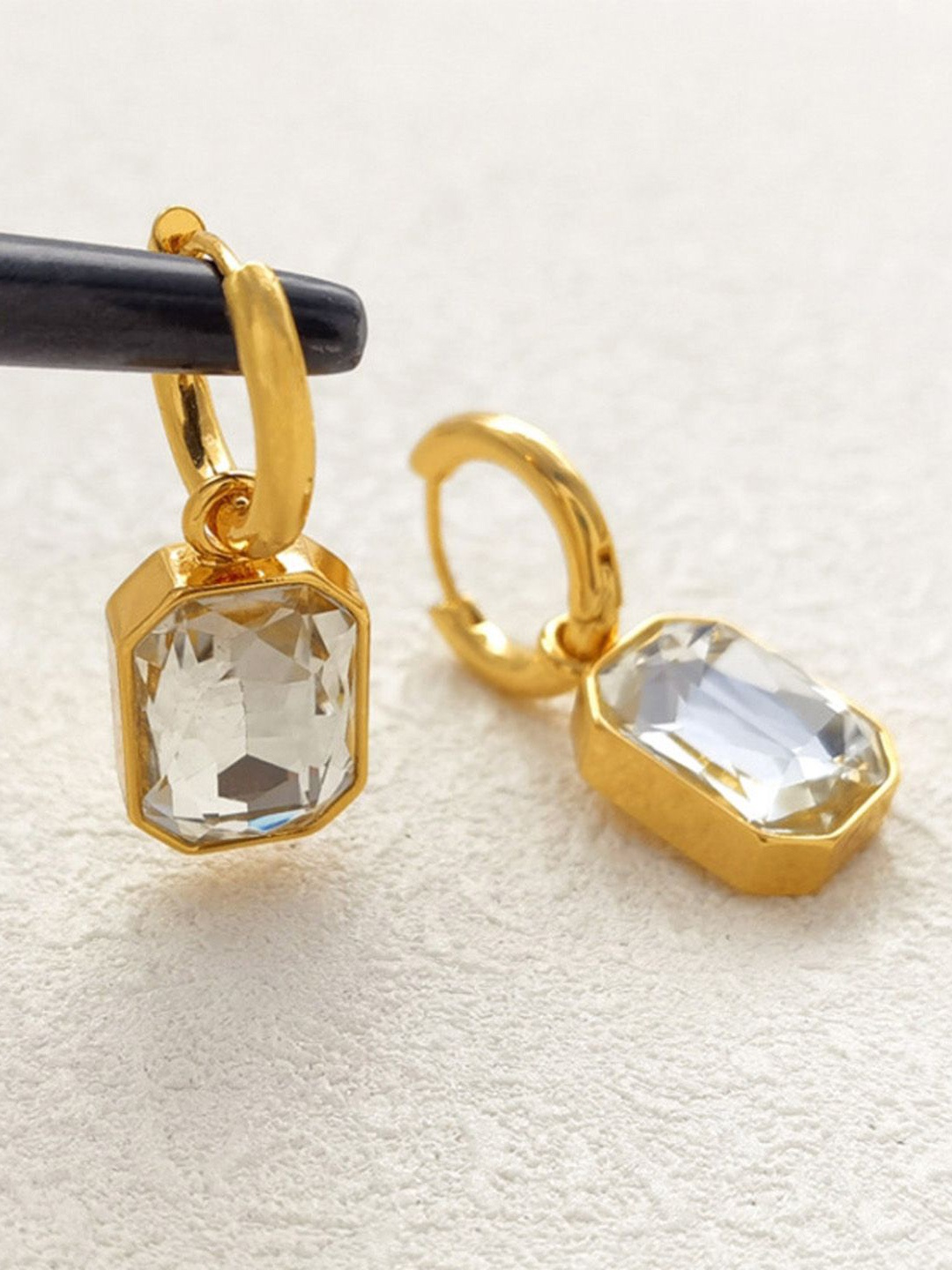 

Just Lil Things Stones Studded Contemporary Shaped Hoop Earrings, Gold