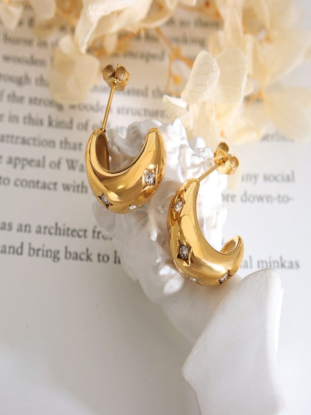 

DIVASTRI Stainless Steel American Diamond Gold-Plated Half Hoop Earrings