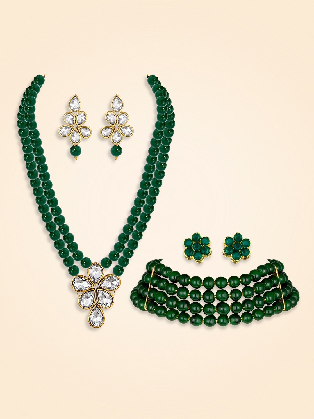 

Peora Gold-Plated Stone-Studded & Beaded Jewellery Set