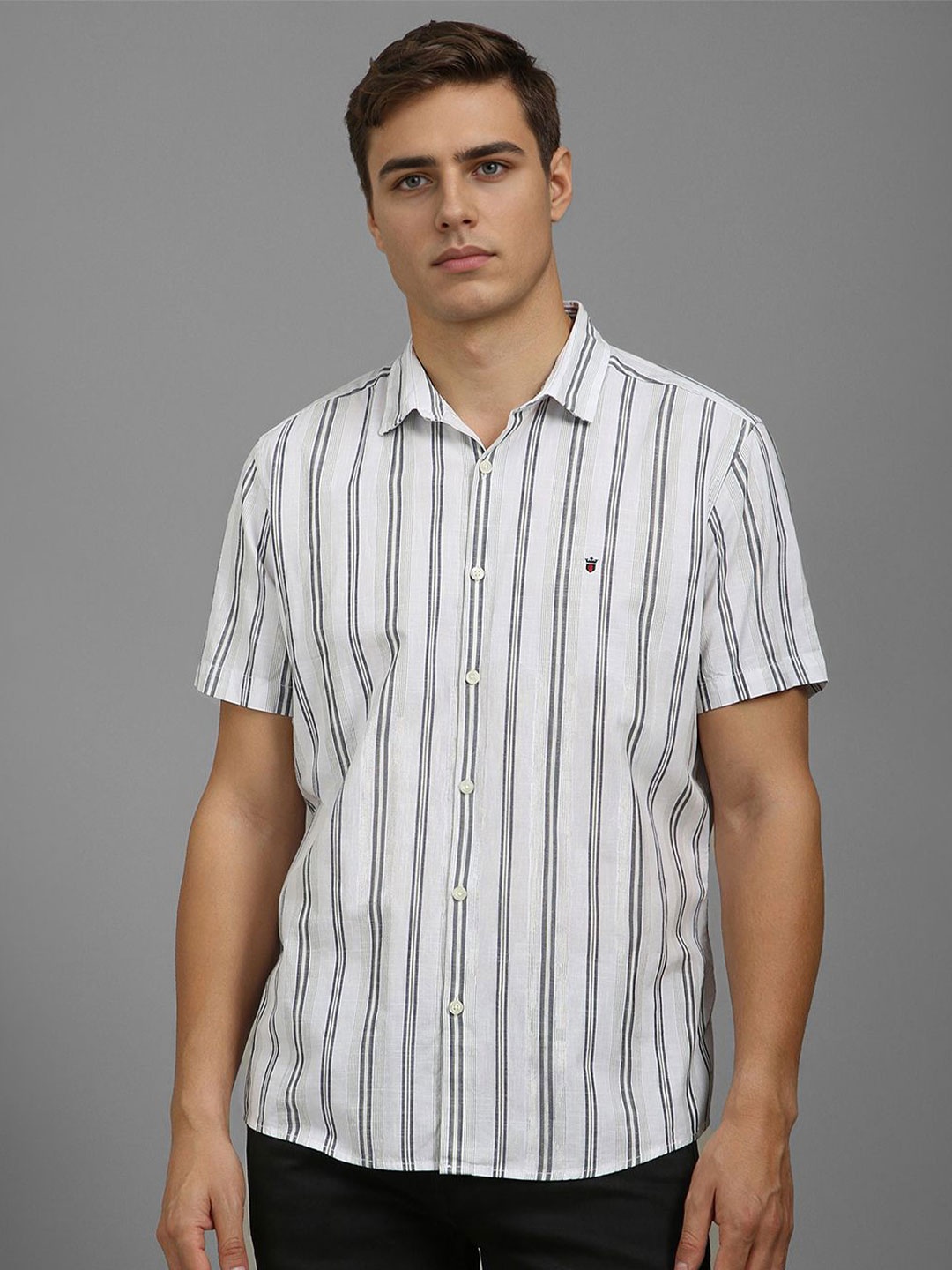

Louis Philippe Jeans Men Slim Fit Spread Collar Vertical Striped Cotton Casual Shirt, White