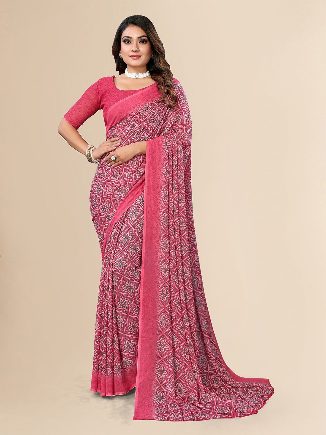 

Moda Rapido Ethnic Motifs Printed Saree With Blouse Piece, Pink