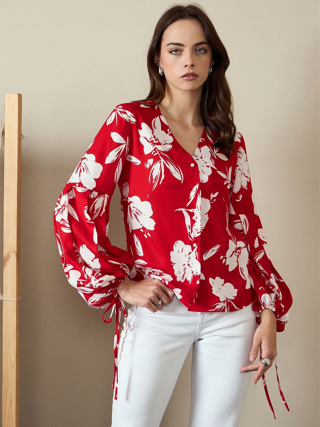 

Kibo Floral Print Bishop Sleeves Crepe Top, Red