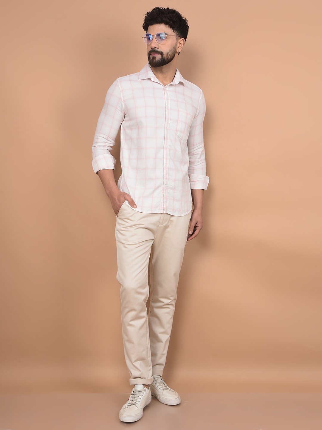 

Crimsoune Club Men Premium Slim Fit Spread Collar Windowpane Checked Cotton Casual Shirt, White