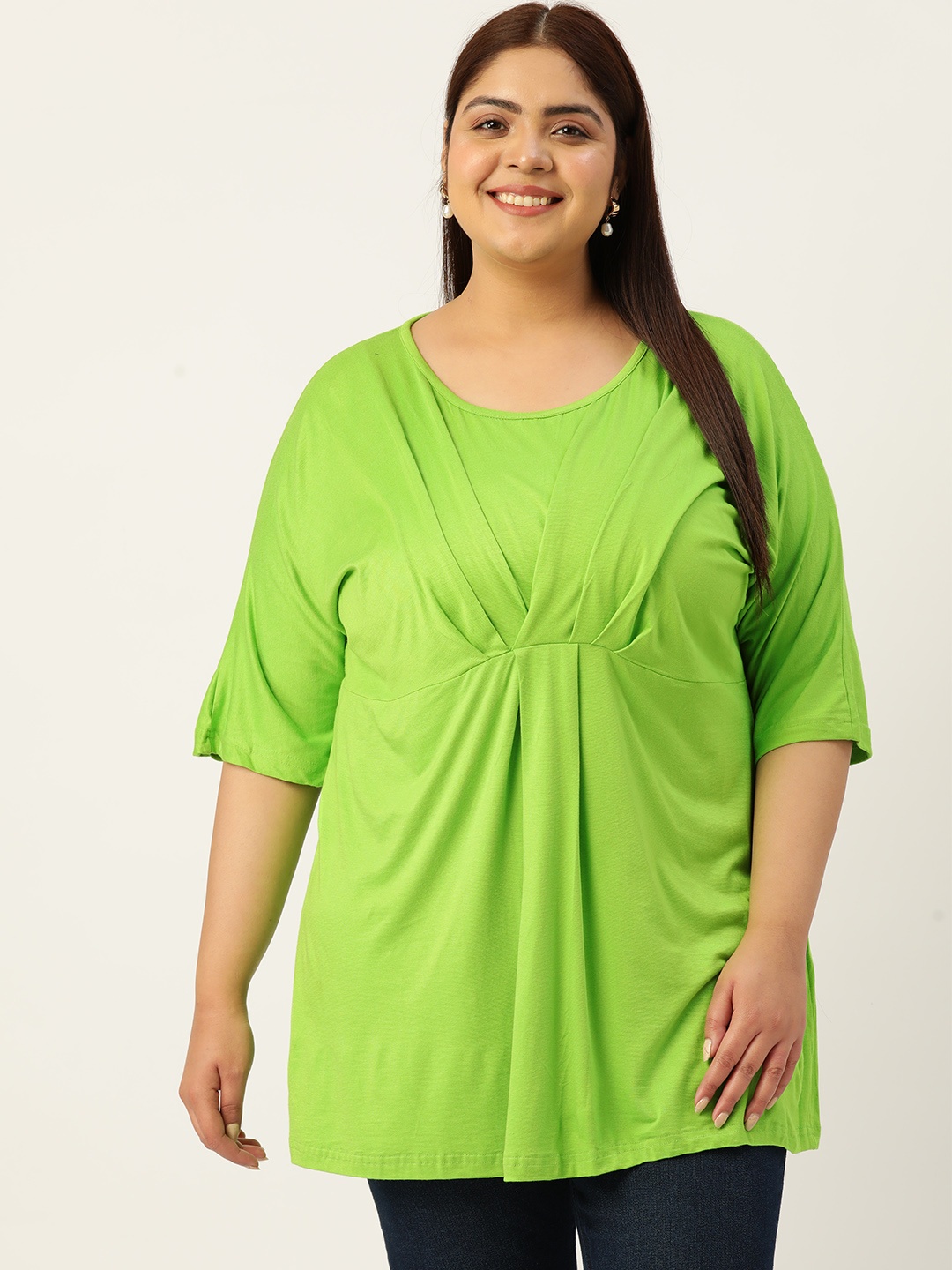 

theRebelinme Plus Size Round Neck Pleated Longline Top, Green