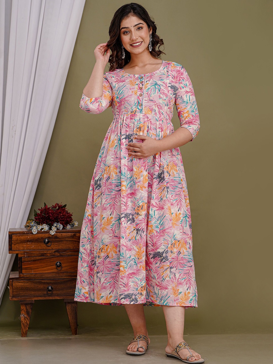 

mad fury Tropical Print Maternity Cotton Fit & Flare Midi Dress, Pink