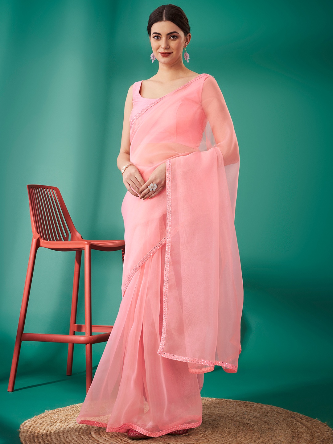 

Mitera Sequinned Organza Saree, Pink