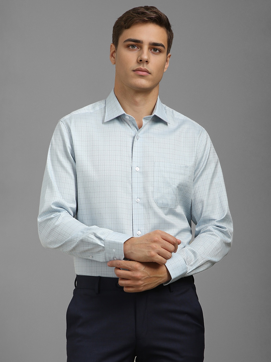 

Louis Philippe Men Classic Fit Spread Collar Checked Cotton Formal Shirt, Blue