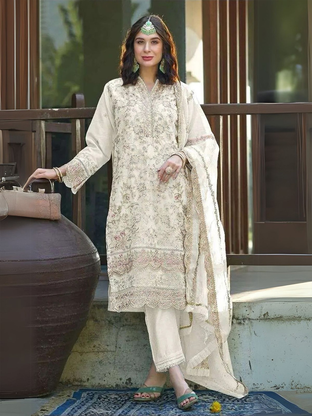 

ODETTE Women Floral Embroidered Thread Work Organza Straight Kurta with Trousers & Dupatta, Cream