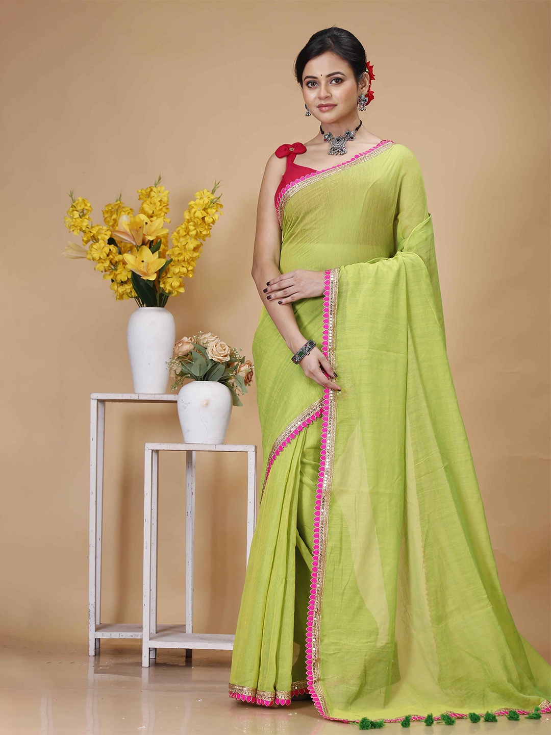 

SRILOK Pure Cotton Fusion Khadi Saree, Lime green