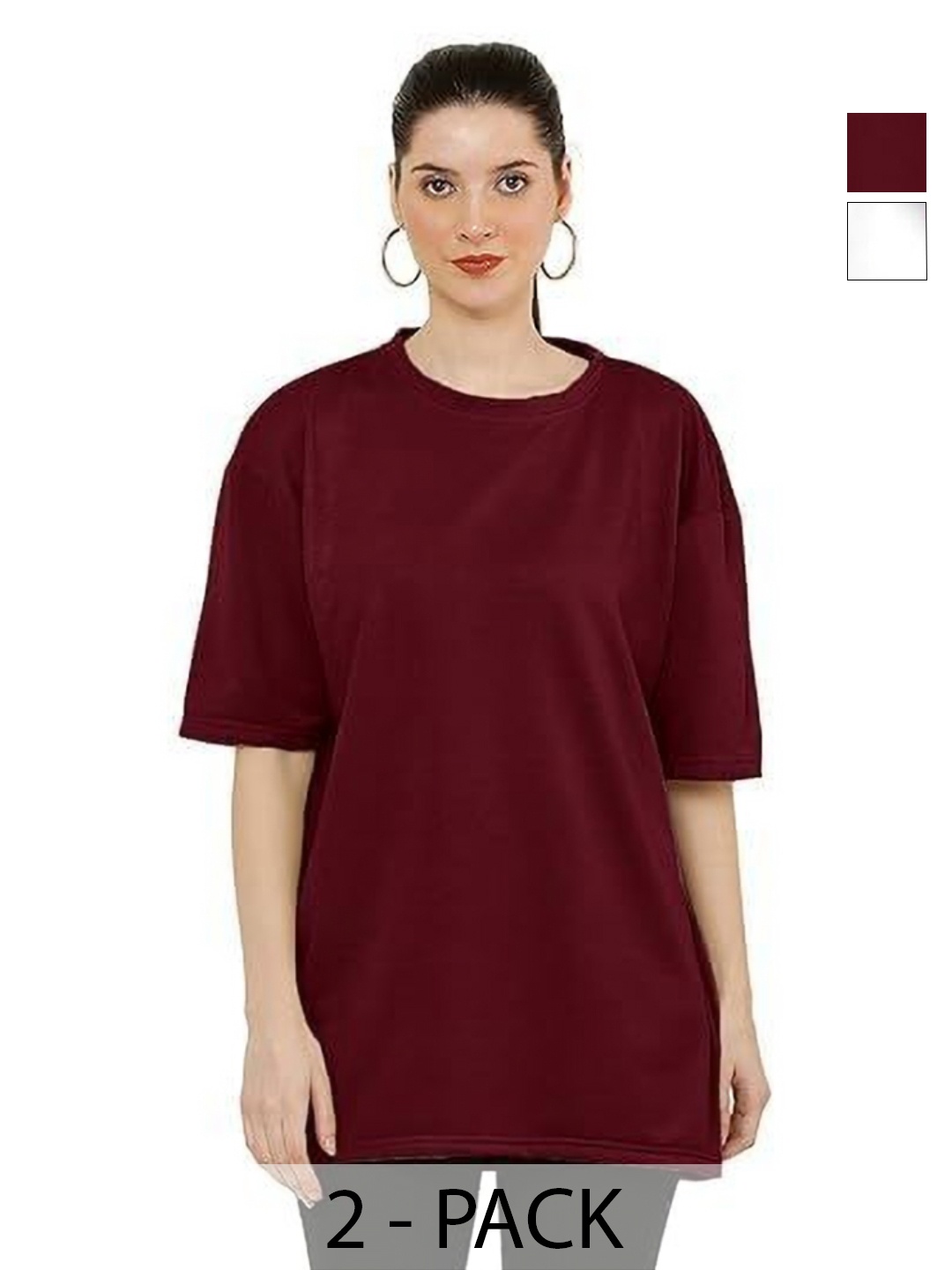 

NOTWILD Women Pack Of 2 Solid Round Neck Cotton T-shirts, Maroon